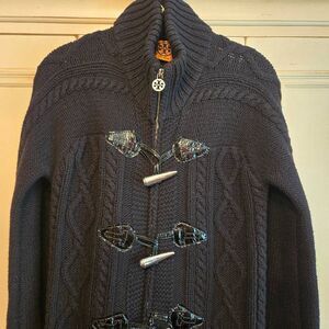Tory Burch Cable Knit Wool + Leather Zip long Cardigan XS
